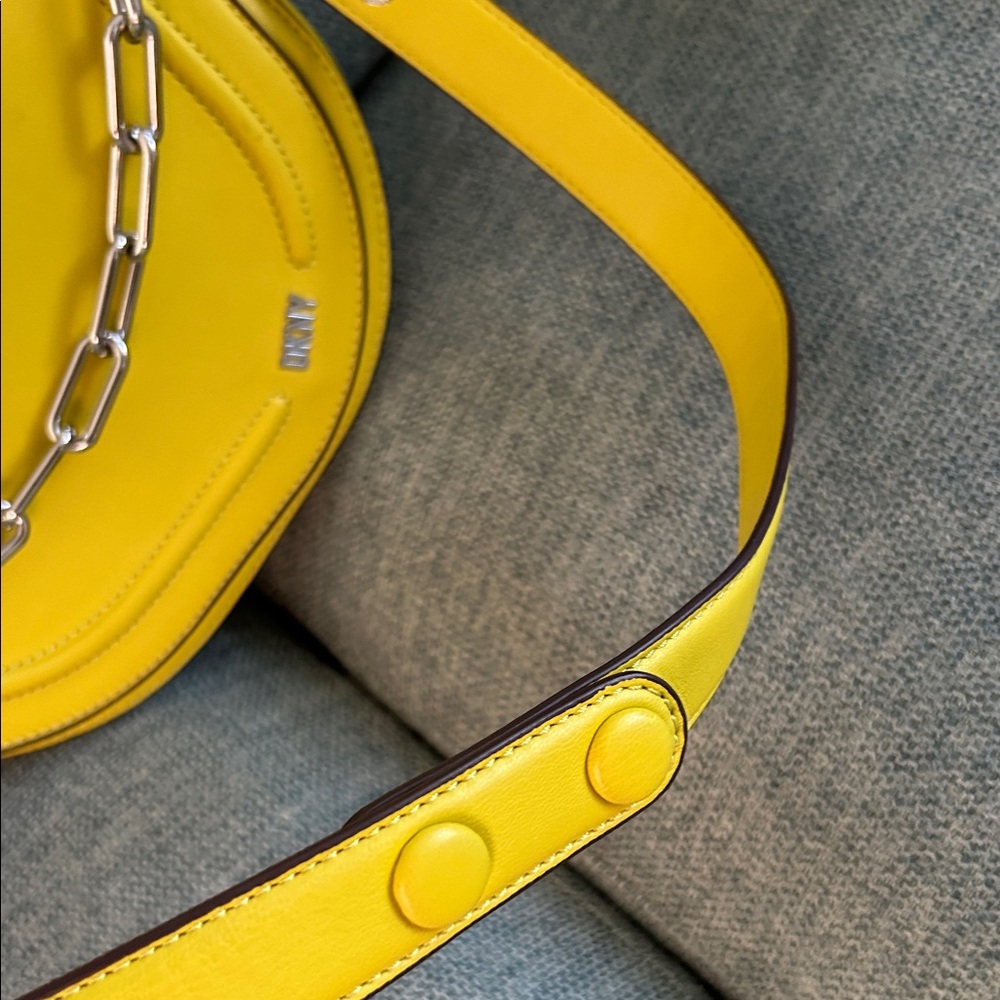 DKNY Bright Yellow Leather Saddle Crossbody with Silver Chain - Picture 4 of 9